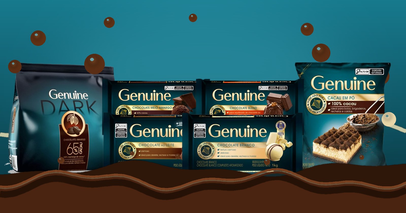 A família de produtos Genuine: chocolate amargo 65% em moedas, barras ao leite, meio amargo, branco e blend, e cacau em pó 100%