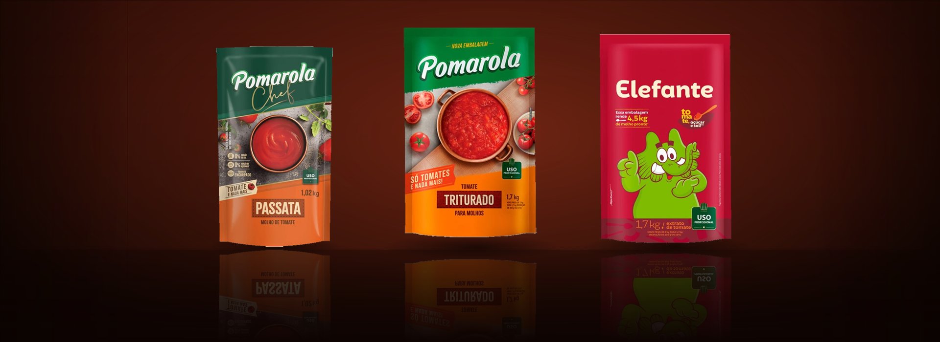 Os 5 produtos que valem para a vaga em vitrine: Pomarola Passata e Tomate Triturado, e os extratos de tomate Elefante 4,08 kg, 1,7 kg e 1,04 kg